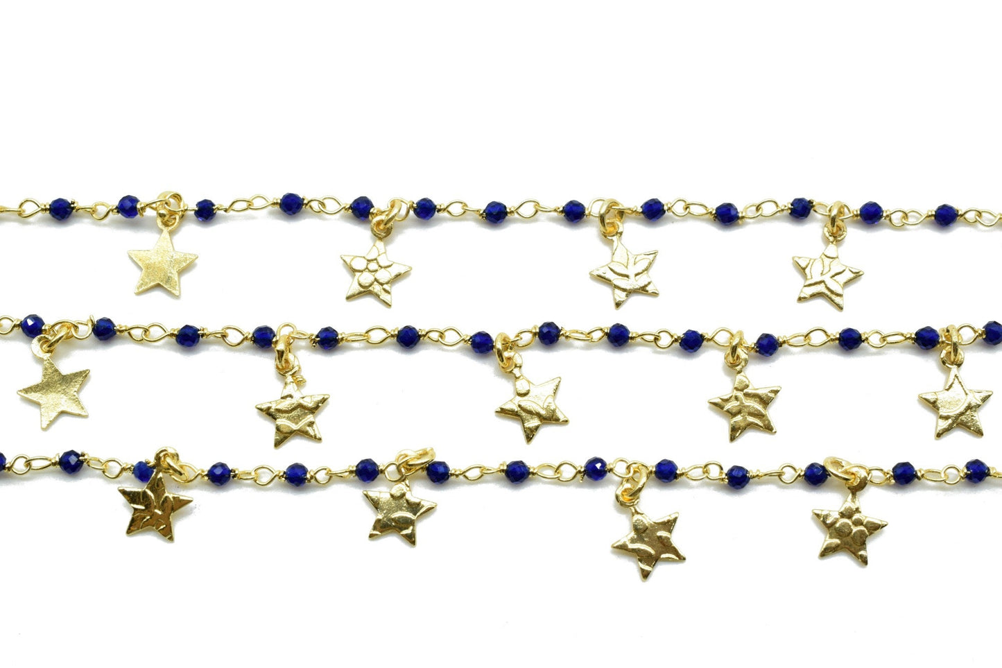 Blue Sapphire 2mm Beaded & Star Charm Chain,Sapphire Wire Wrapped Rosary Chain,Beaded Chain,, Chain by The Foot,Bead Wire Wrapped Chains