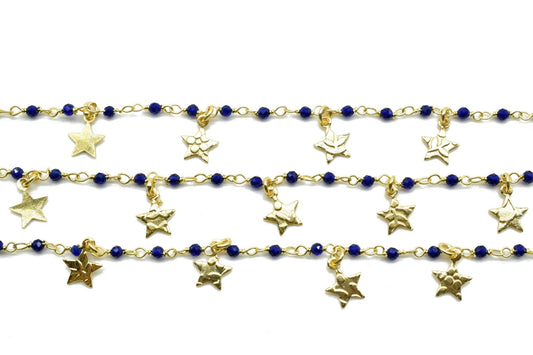 Blue Sapphire 2mm Beaded & Star Charm Chain,Sapphire Wire Wrapped Rosary Chain,Beaded Chain,, Chain by The Foot,Bead Wire Wrapped Chains
