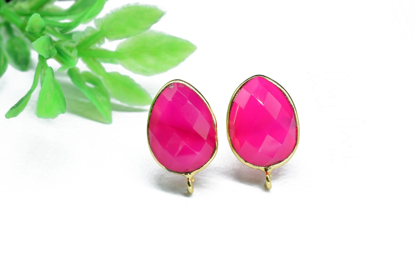 Pink Chalcedony studs Connector,Jewelry,Gemstone Ear Post Stud Connector,10x14mm Teardrop Earring Connector,Jewelry Finding Connector,B'Gift