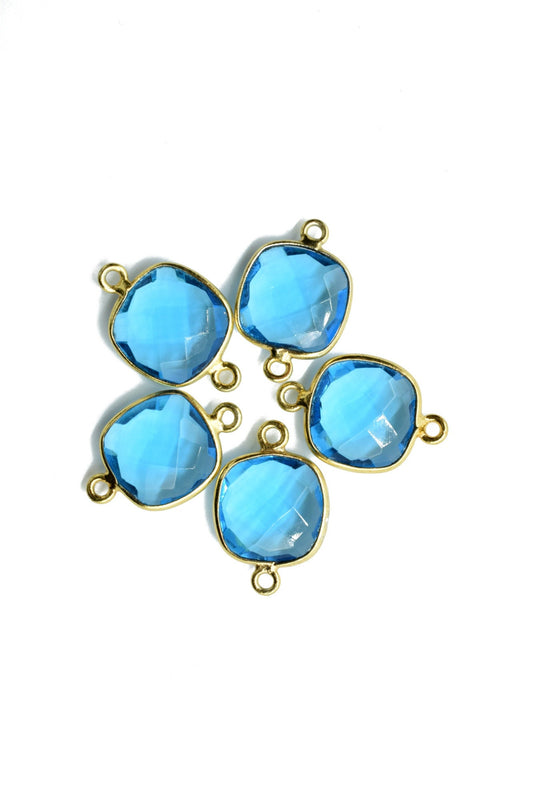 London Blue Topaz 12mm Cushion Shape Charms,Gold Plated Double Bail Gemstone Connector,Faceted Cushion Shape Gemstone Bezel,Cushion Charms