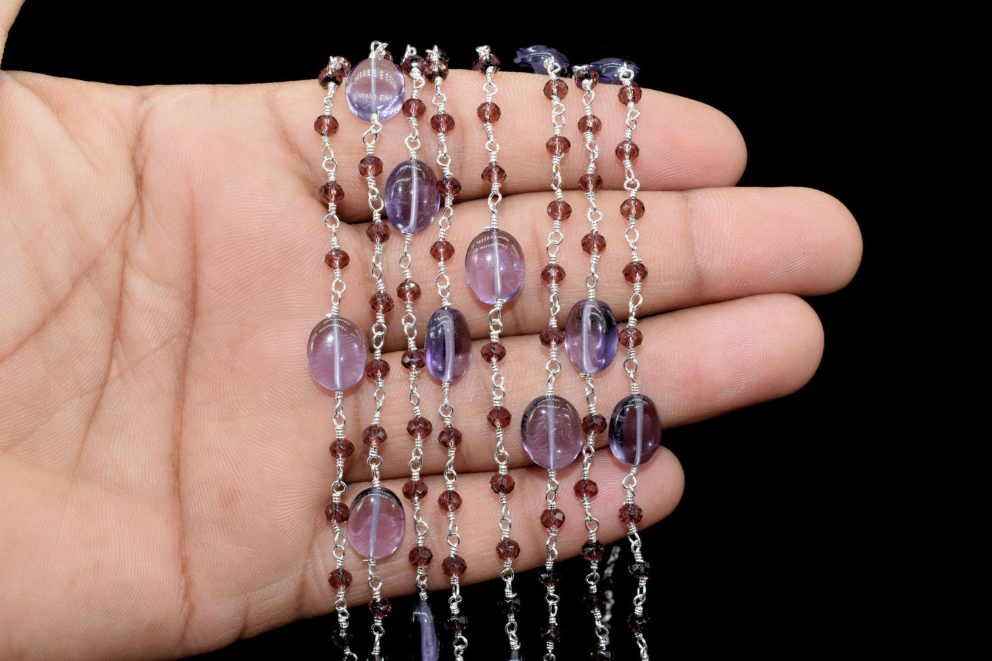Amethyst Gold Plated wire Wrapped Rosary Chain,Smooth Natural Amethyst Oval Nugget Shaped Beads,Garnet beaded chain,Amethyst  Rosary Chain