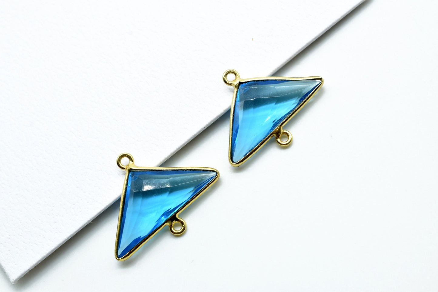 London Blue Topaz 12x25mm Triangle shape double Bail connectors,Gold Plated bezel,Topaz Pendant,Blue Topaz double loop connector,fancy Topaz