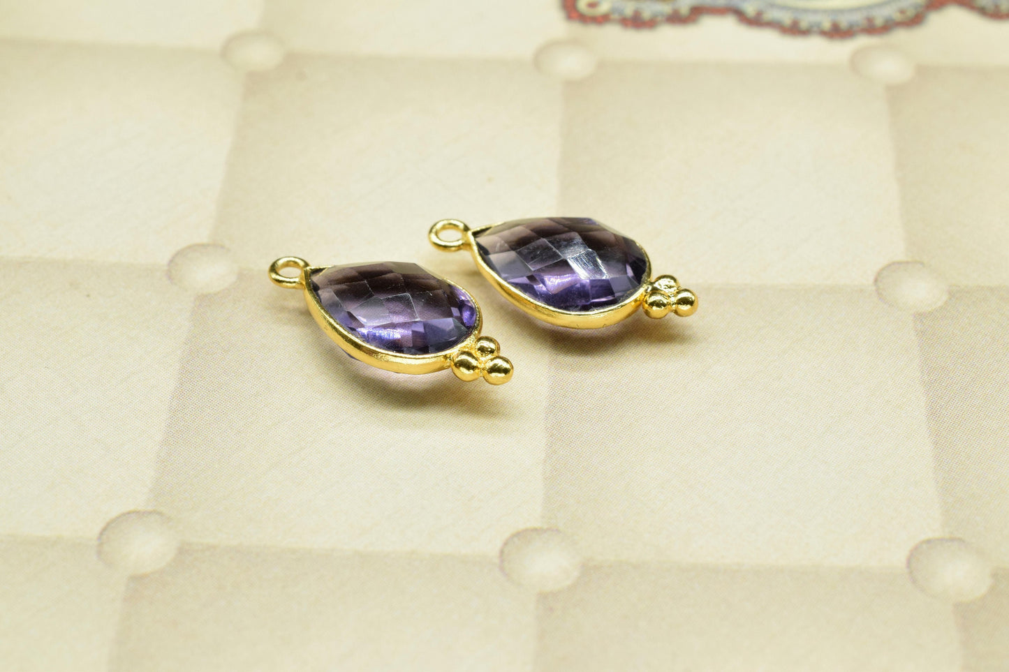 Amethyst charms Pendant Jewelry,Amethyst 10x14mm Pear Shape Gold Plating Single bail connector,Amethyst Quartz Gemstone Faceted connector