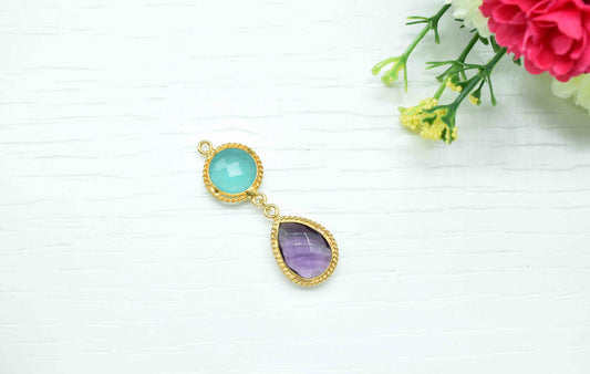 Aqua Chalcedony  Pendant Charms , Amethyst Dangle Earring Component , Multi Gemstone Dangle Earring , Component Jewelry , B'day Gift