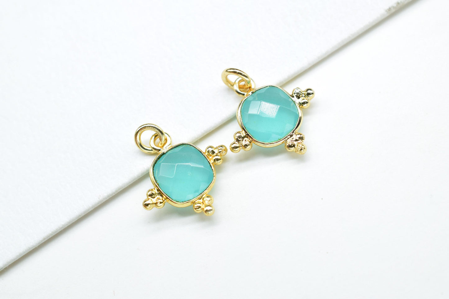 Aqua Chalcedony 8mm Cushion Bezel charm/Station Bezel Link Supplies/Aqua Chalcedony Jewelry Making/Square Pendant/Gemstone Connector Pendant