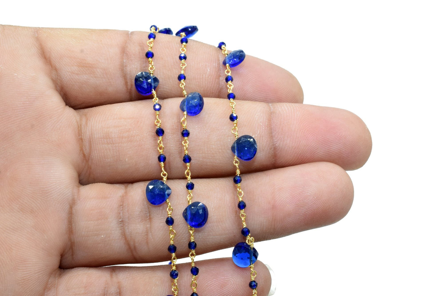 Blue Sapphire 2mm Beaded & Heart shape Chain,Wrapped Rosary Chain,Sapphire Briolette rosary chain,Brass Gold Plated Sold Per Foot Wholesale