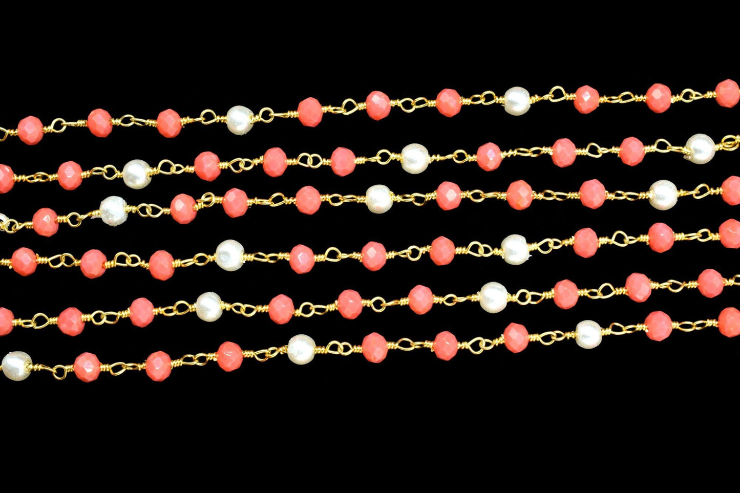 Red Coral Rondelle Beaded Rosary Chain,Gemstone Rosary Chain,Handmade Jewelery Making Craft,Pearl Wire Wrap Rosary Chain,Finding Chain Gift