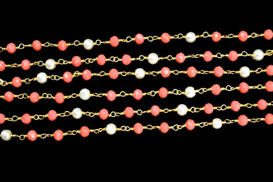 Red Coral Rondelle Beaded Rosary Chain,Gemstone Rosary Chain,Handmade Jewelery Making Craft,Pearl Wire Wrap Rosary Chain,Finding Chain Gift