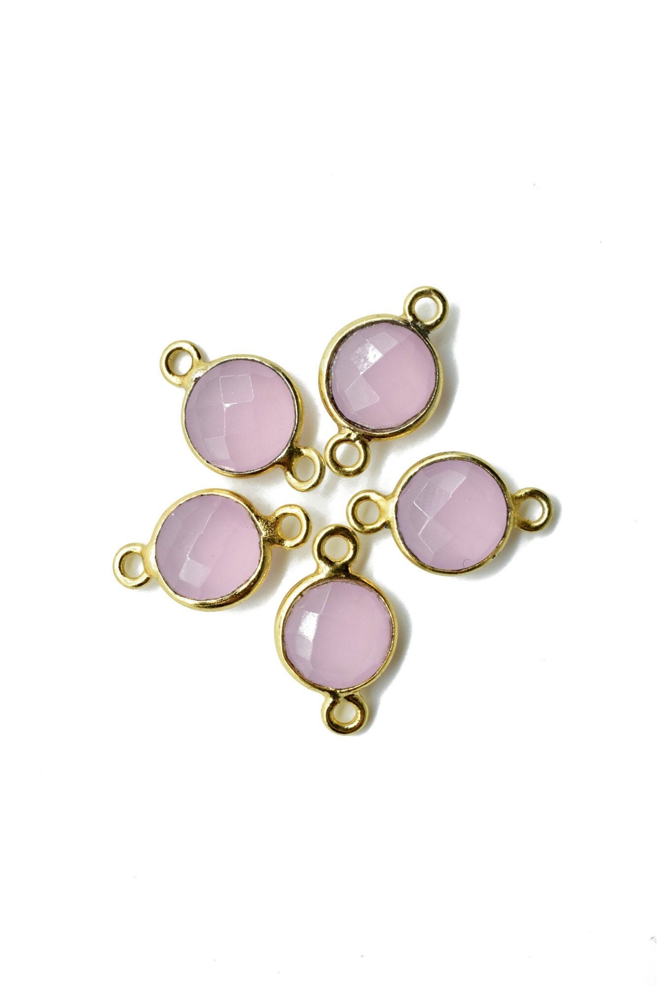 Rose Quartz 8mm round double bail connectors,Rose Quartz Pendant,Rose Quartz Round Gold Plated bezel,Rose Quartz Brass jewelry making charm,