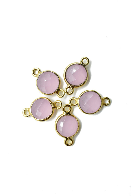 Rose Quartz 8mm round double bail connectors,Rose Quartz Pendant,Rose Quartz Round Gold Plated bezel,Rose Quartz Brass jewelry making charm,