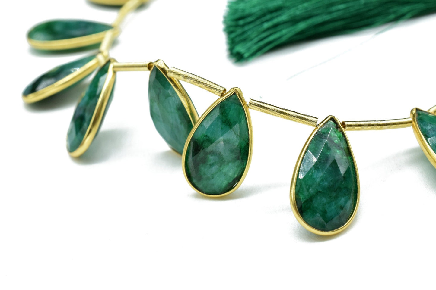 Emerald Side to Side Drilled chrams,Faceted Teardrop Gold Bezel Rim,pendant,earring findings,Emerald connector,Gemstone drilled bezel strand