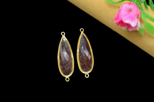 Pink Strawberry Gemstone Pendant,Strawberry Faceted 10x30mm pear shape Charm Connector Jewelry,Pink Strawberry Gold Plated Double Bail bezel