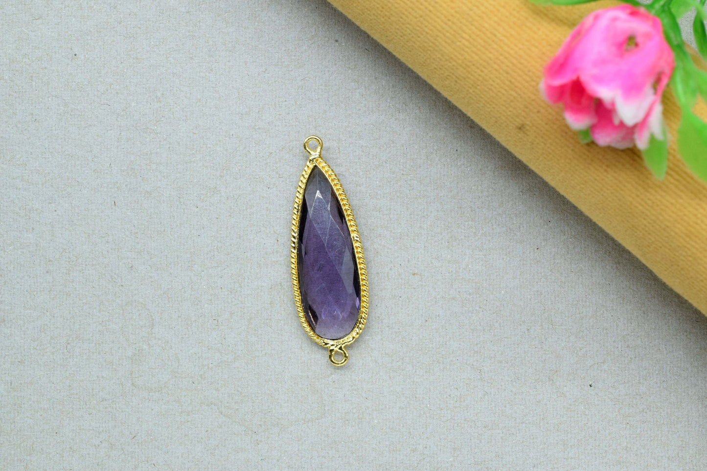 Amethyst Quartz Gemstone 10x30mm Teardrop Shape connector,Amethyst Gold Plating Double bail connectors,Amethyst charms Pendant Jewelry,Gift