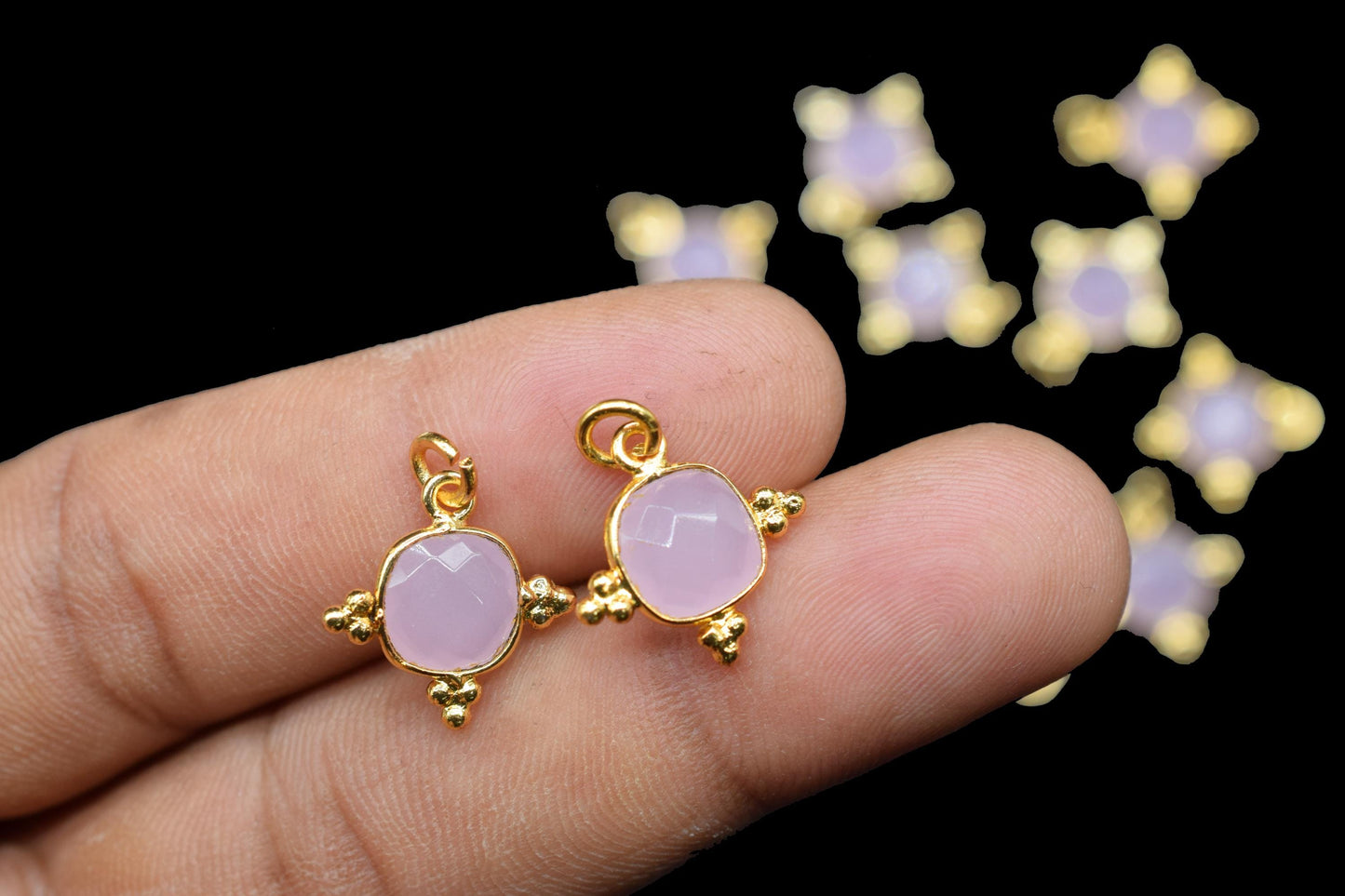 Rose Quartz 8mm Cushion Bezel charm/Station Bezel Link Supplies/Rose Quartz Jewelry Making/Square Pendant//Gemstone Connector Pendant