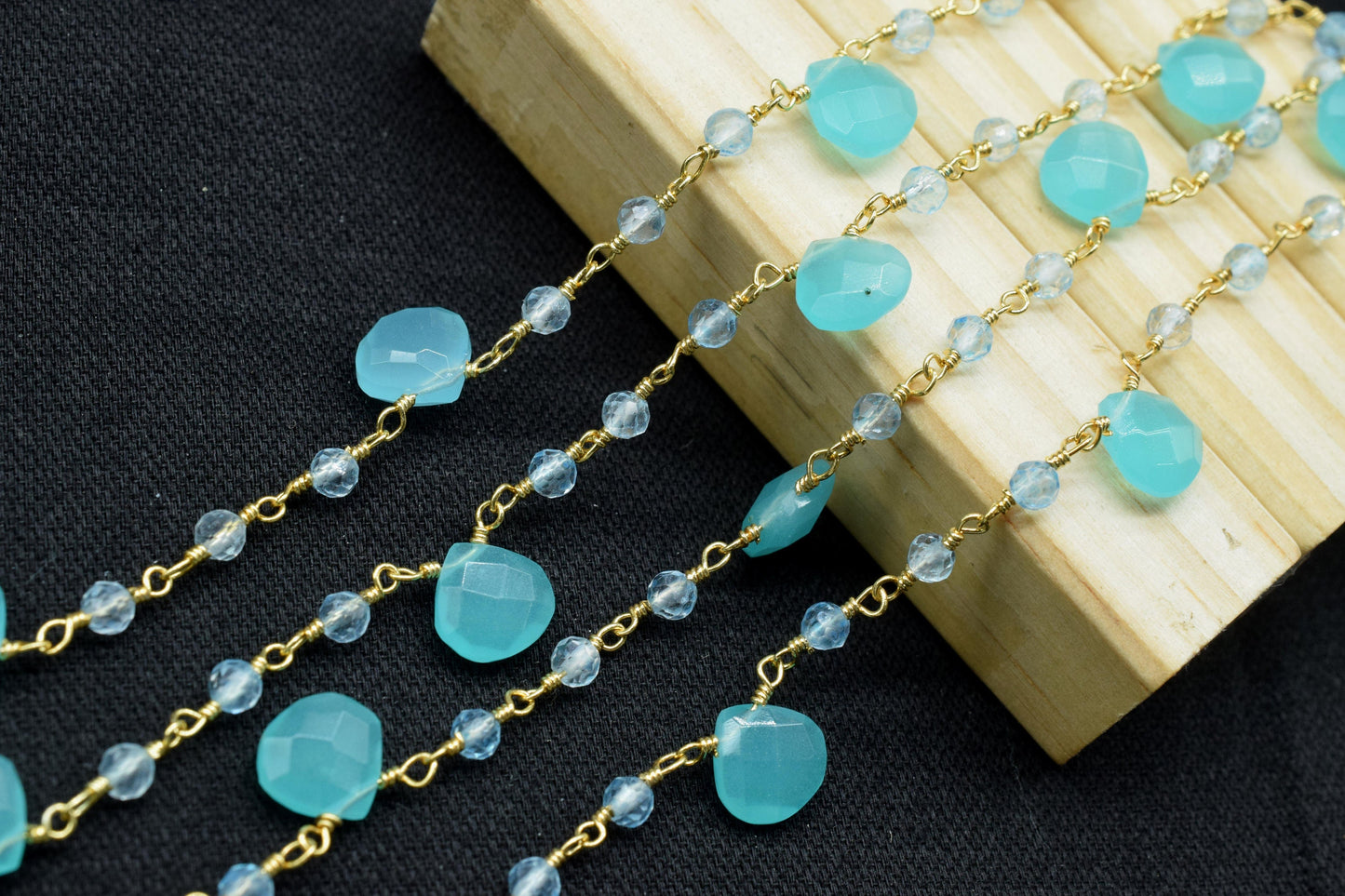 Aqua chalcedony,sky topaz Beaded & Heart shape Chain,Beaded Wire Wrapped Gemstone Beads,Faceted Rosary Chain,Gemstone rosary style chains