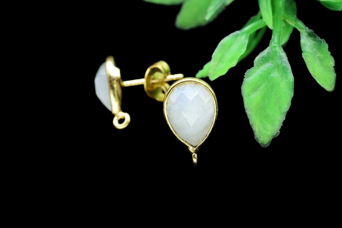 Moonstone 7x10mm Teardrop shape Earring connector Stud post setting with loop open bail,Rainbow Moonstone Gold Plated Earring With Loop