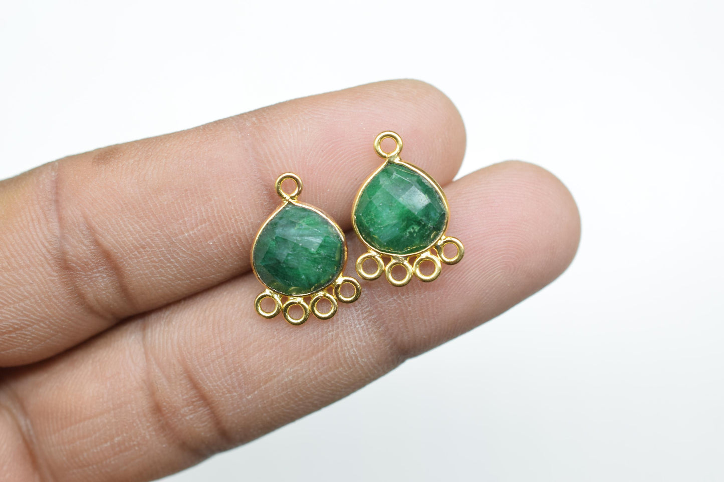 Emerald Heart Shape Pendant/Gold Plated Charms Jewelry/Handmade Connector Jewelry/Connector Charms/Station Bezel Link Supplies/B'day Gift