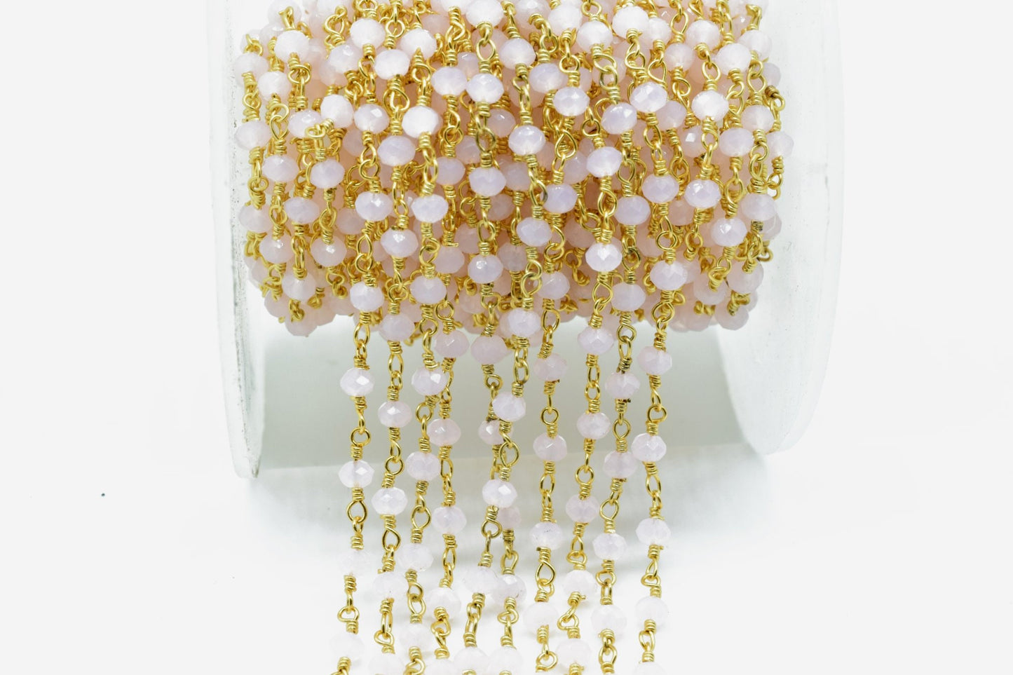 Rose Quartz 3mm Beaded Chain,Pink chalcedony Wire Wrapped Chain,Rose quartz Brass chains,Jewelry Making Chain,Rose Quartz Beads rosary chain