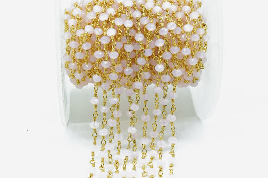 Rose Quartz 3mm Beaded Chain,Pink chalcedony Wire Wrapped Chain,Rose quartz Brass chains,Jewelry Making Chain,Rose Quartz Beads rosary chain