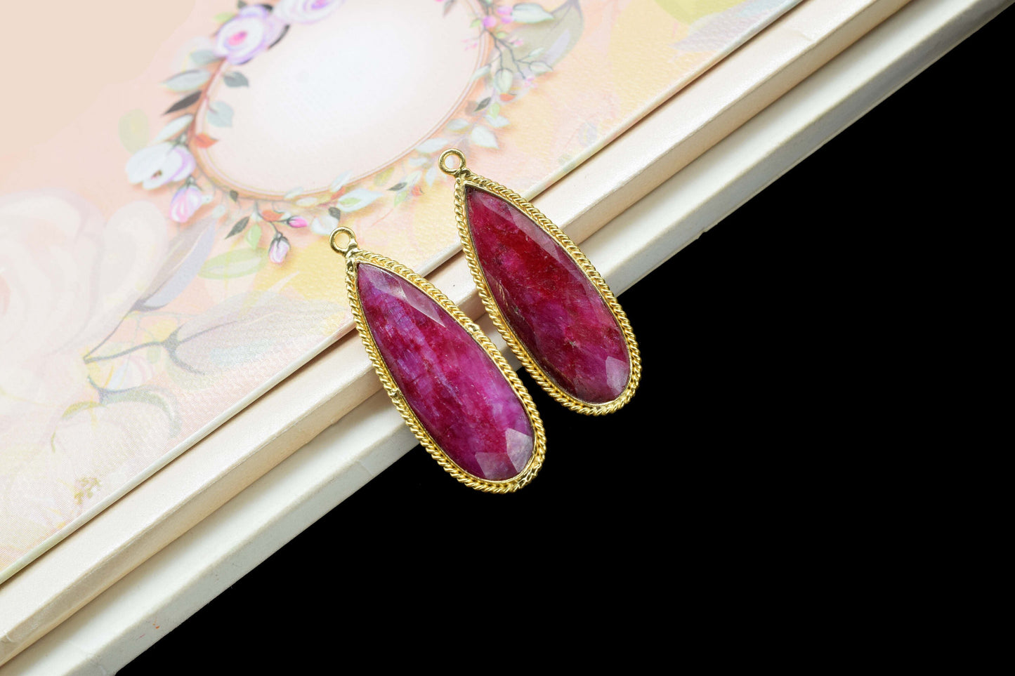 Ruby Gemstone 10x30mm Teardrop Shape Connector,Ruby Handmade Connector Jewelry,Ruby Charms Jewelry,Ruby Gold Plating Charms Connectors,Gift