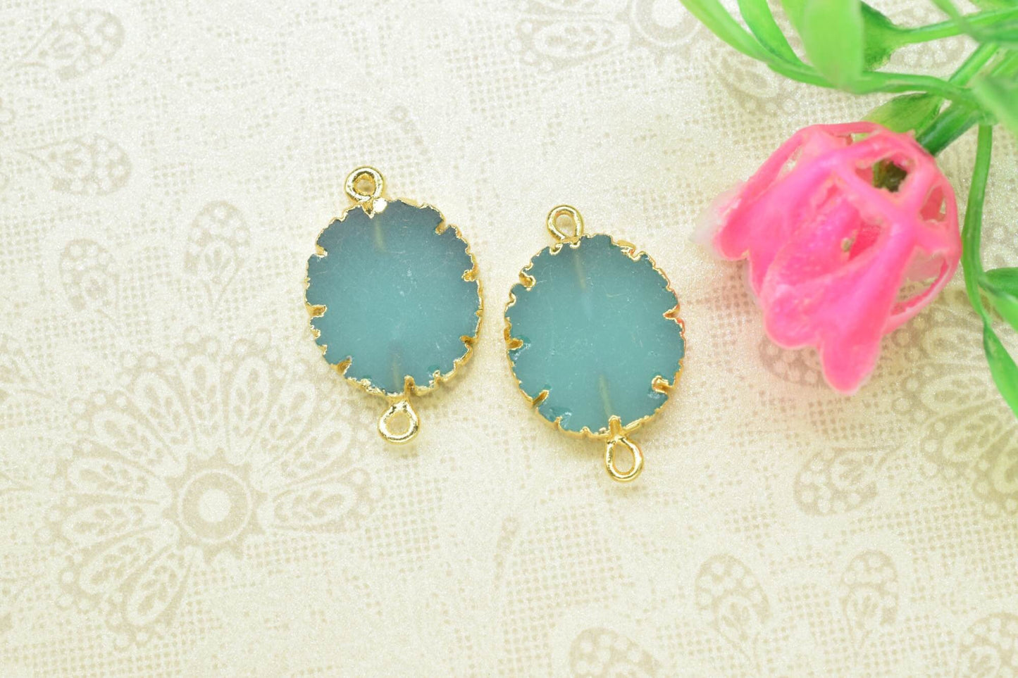 Aqua Chalcedony Oval Shape Pendants,Handmade Connector,Electroplated Jewelry,Double Baill Gemstone Connector,Cabechon Pendant Charms,Gift