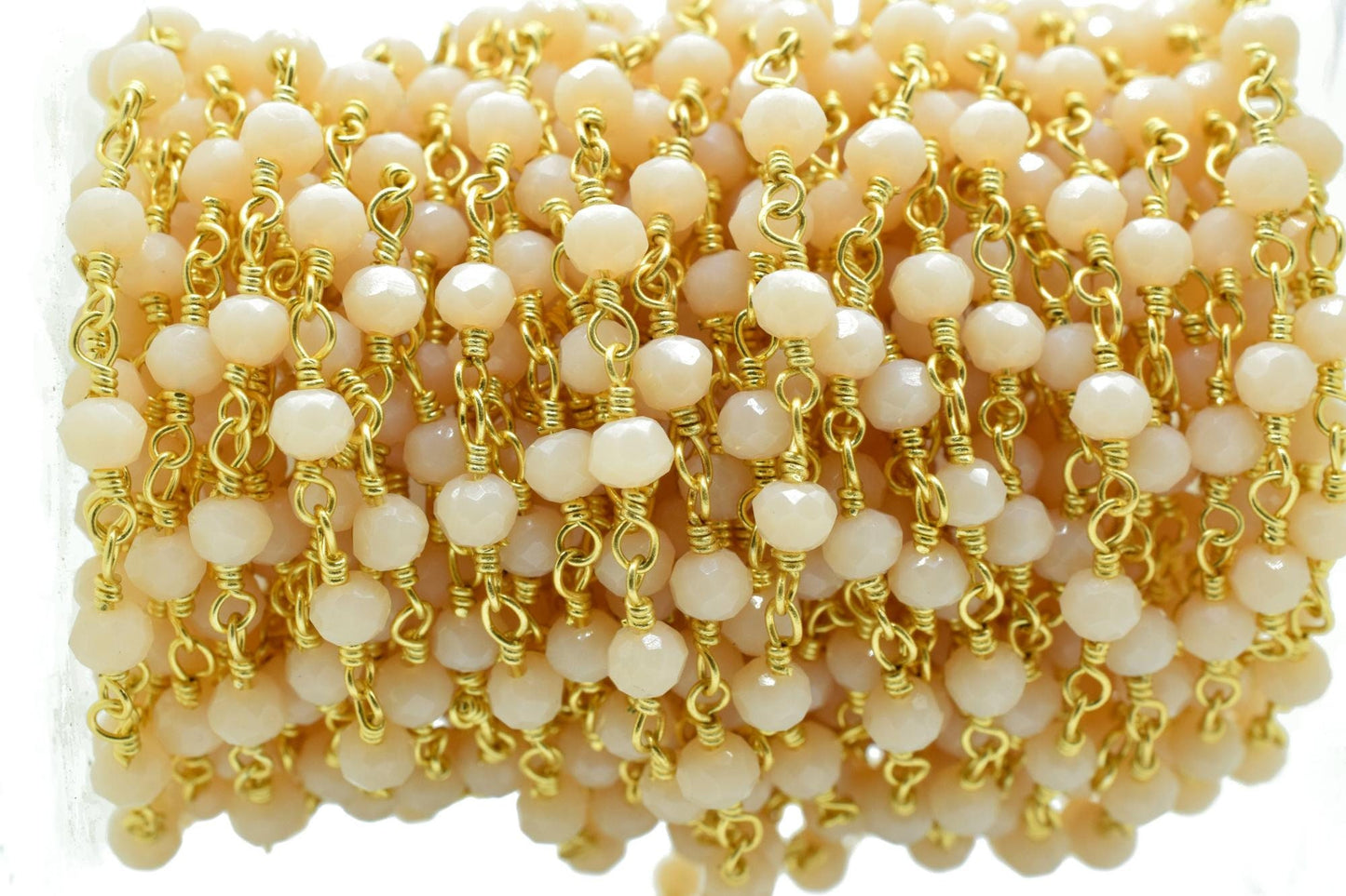 Peach Agate 3mm Beaded Chain,Peach Agate Rosary Chains,Peach Agate Gold Plating Wire Wrap Chain,Brass chainJewelry Making Chain Rosary chain