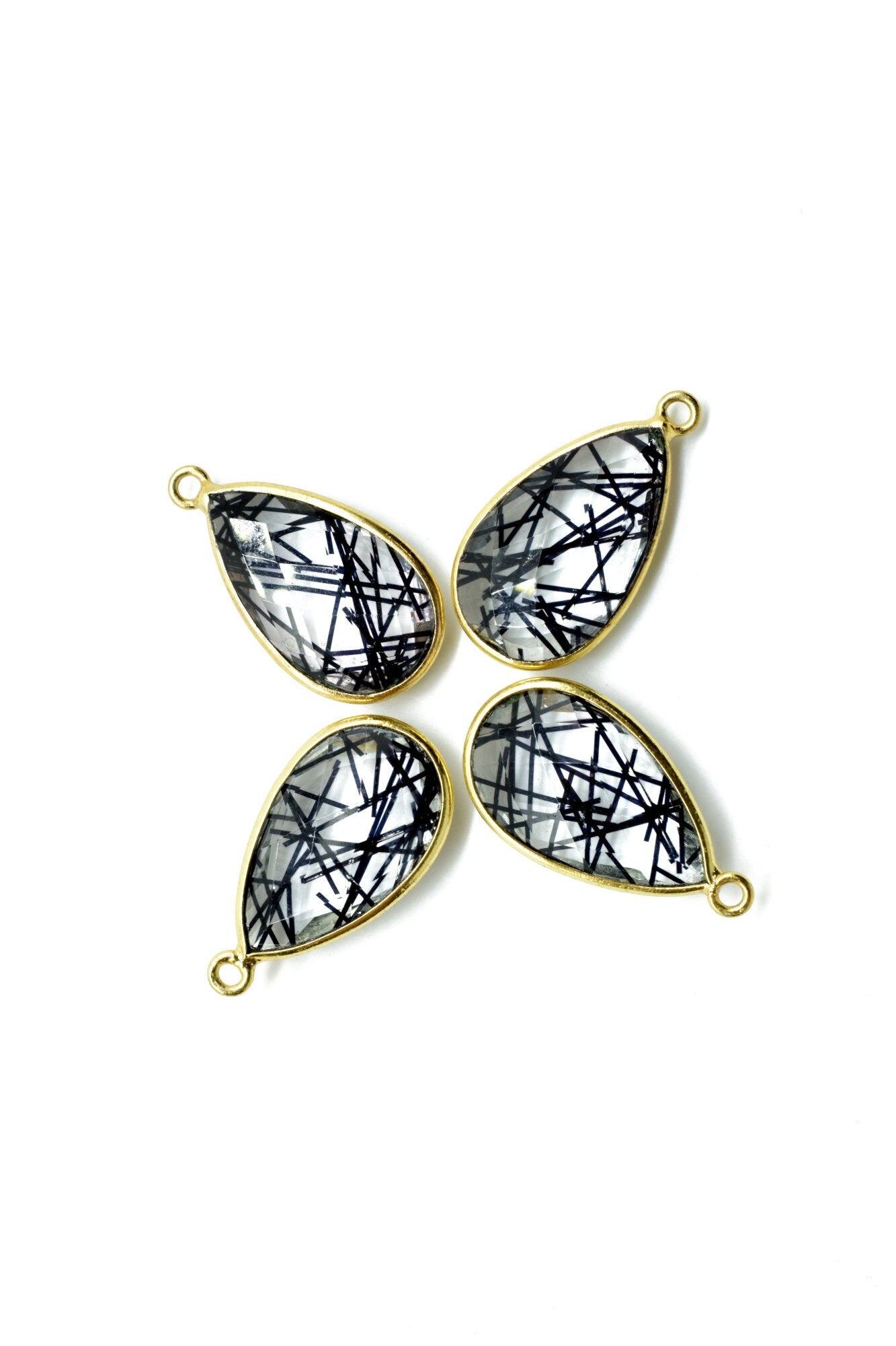 Black Rutile 12x20mm Pear shape charm,Rutile Pear pendant,Rutile Gold Plated bezel,jewelry making charm craft,Rutile Birthstone charm,jewels