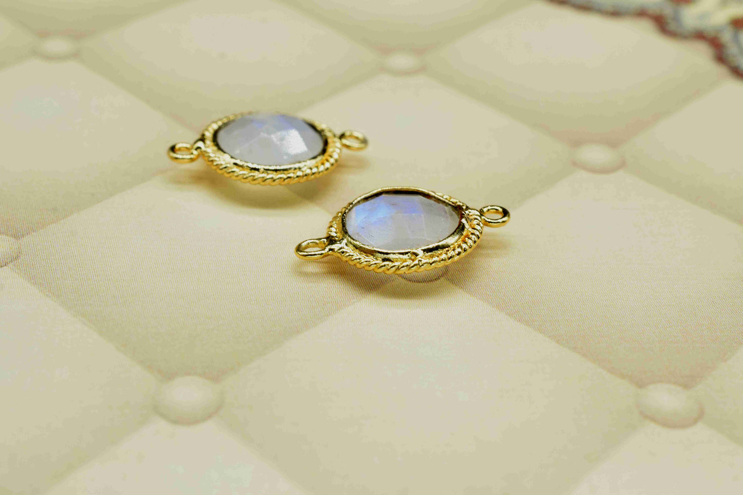 Rainbow Moonstone 10mm Round Shape Double Bail Connector,Moonstone Charms Pendant,Moonstone Gold Plated Bezel,Jewelry Making Charms Crafts