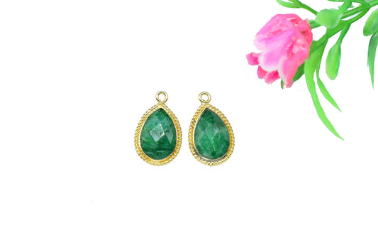 Natural Emerald 10x14mm Pear Shape Connector,Emerald Gold Plated Charms Connectors,Emerald Gemstone Single Bail Connectors Jewelry,Gift