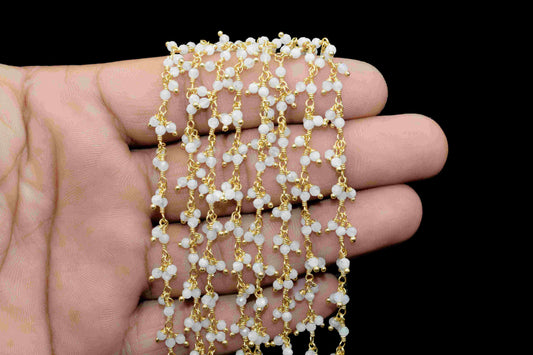 Natural Rainbow Moonstone 3mm Cluster Rosary Chain,Wire Wrapped Dangling Rosary For Necklace,Moonstone Cluster Rosary,Beaded Jewelry Making