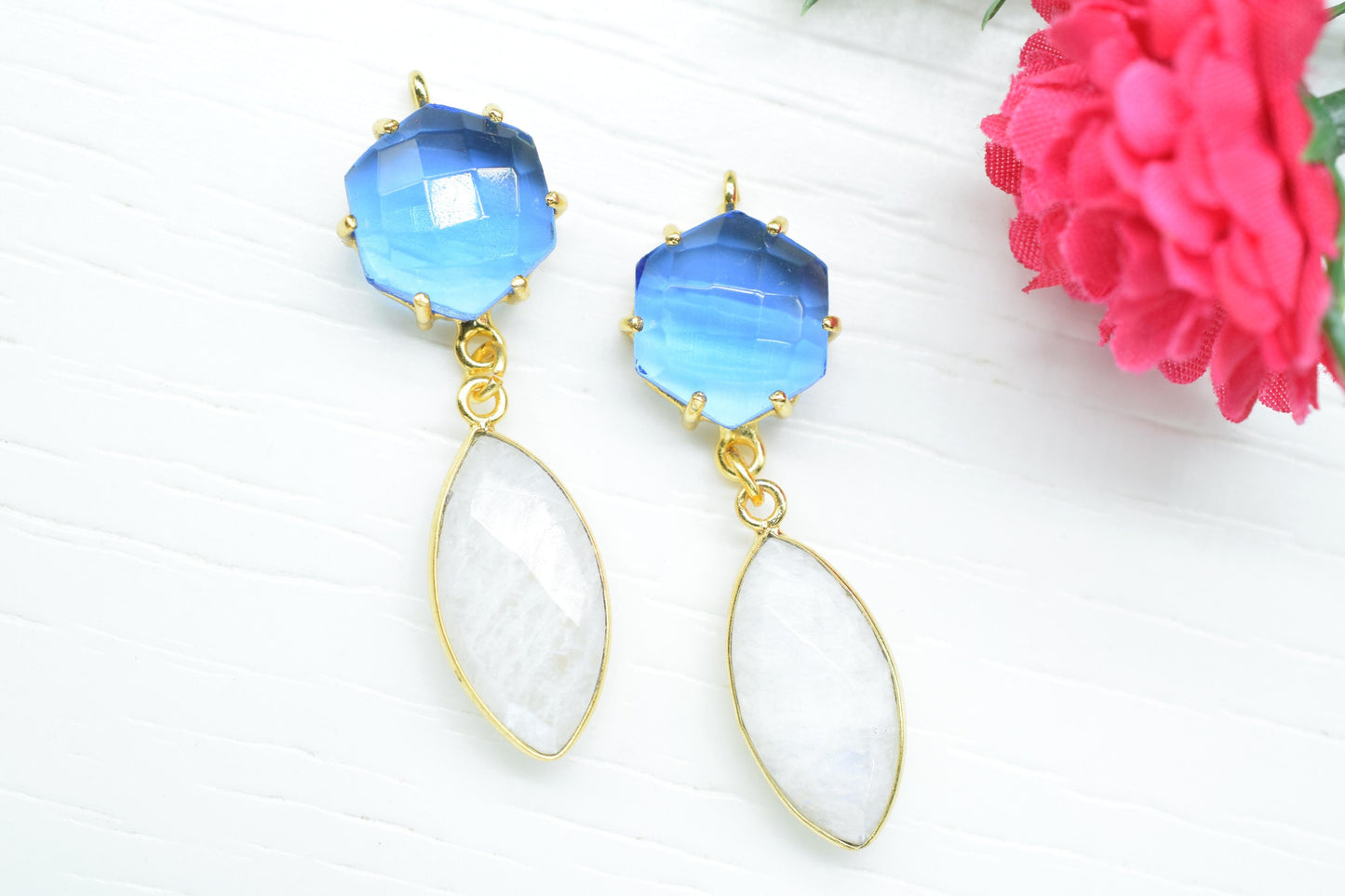 Blue Topaz Prong Bezel Charms Connector/Blue Topaz Prong Bezel Charms Connector/Station Bezel Link Pendant/Handmade Jewelry/Women Jewelry