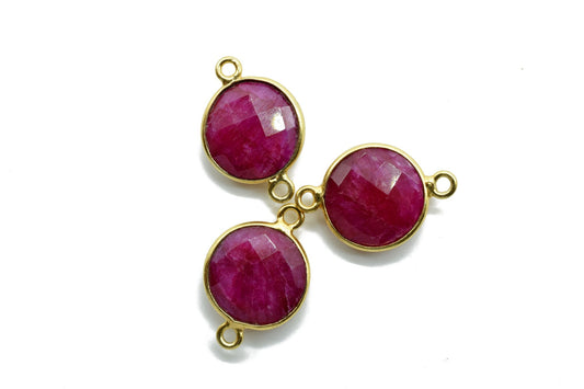 Ruby 12mm Round double bail connectors,Ruby Pendant,Ruby Round Gold Plated bezel,Ruby double loop connector,Ruby jewelry making charm,Ruby