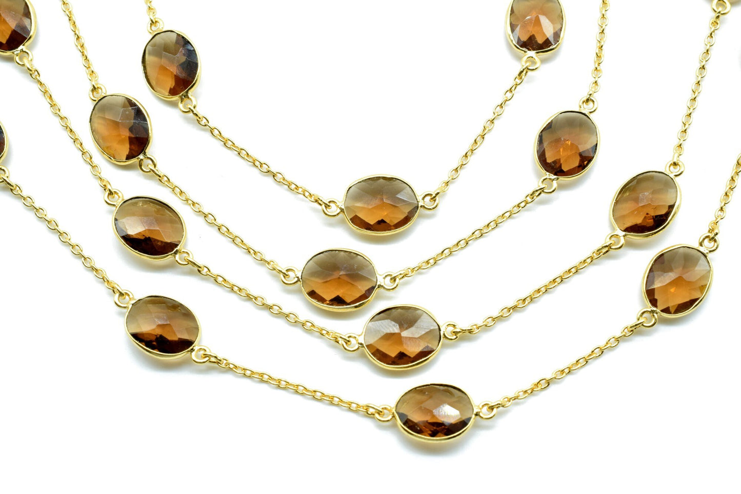 Smoky Quartz Gold Plated Bezel Chain Gemstone Connector, Oval Necklace Chain,Bezel Connector Chain,Selling Per Foot,Jewelry making chains