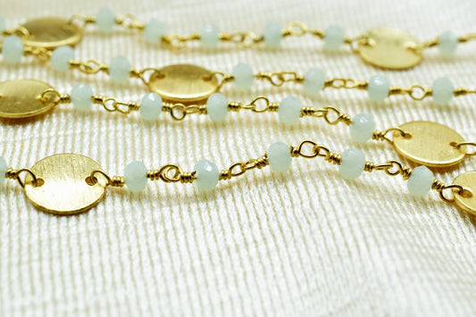 Aqua Chalcedony 3mm Beaded Chain,Aqua Chalcedony Rosary ,Wire Wrap Chain,Aqua Chalcedony Brass chain,jewelry making chains,gift,charms chain