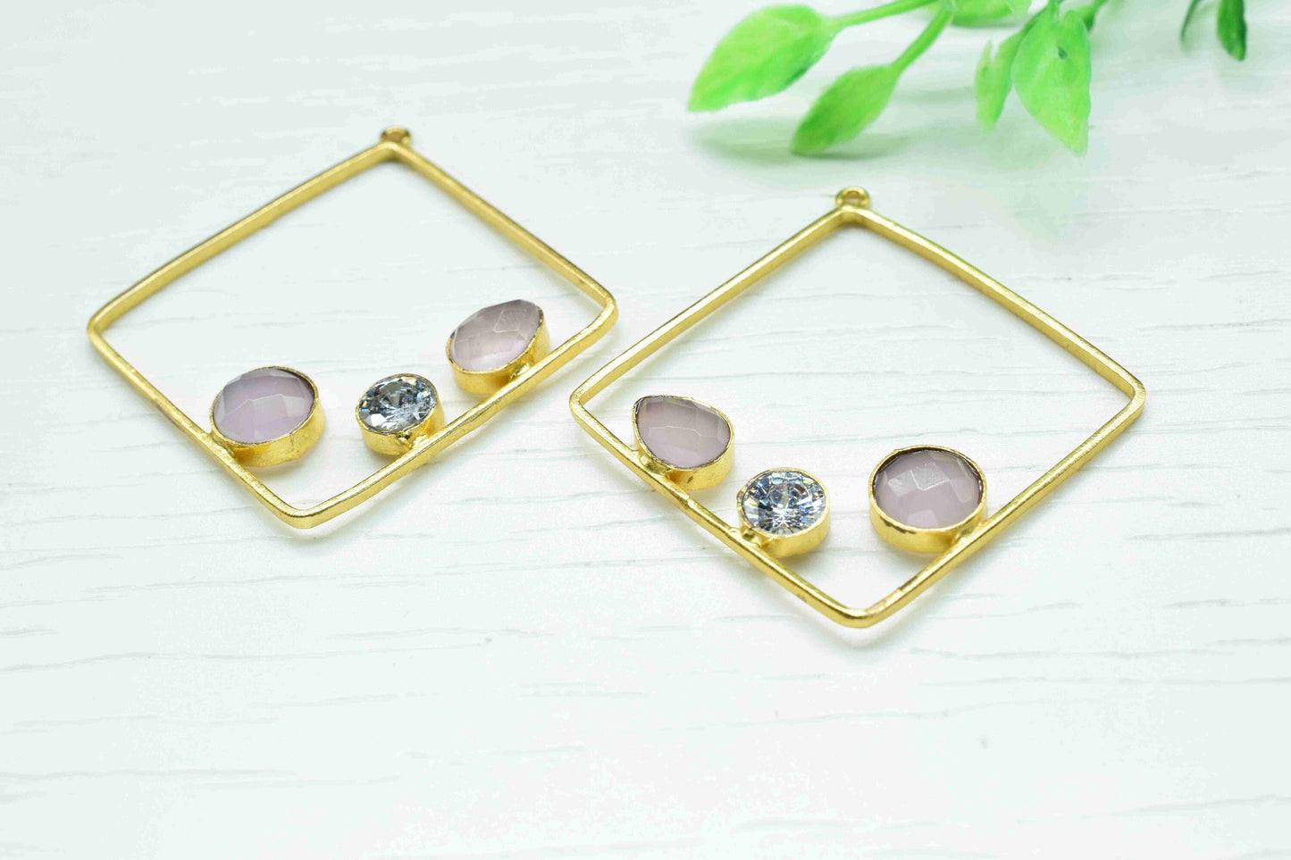 Rose Quartz Dangle Connector,Gemstone 32mm Square Shape Component,Handmade Earring,Finding Necklace Component Jewelry,Drop Earring Connector