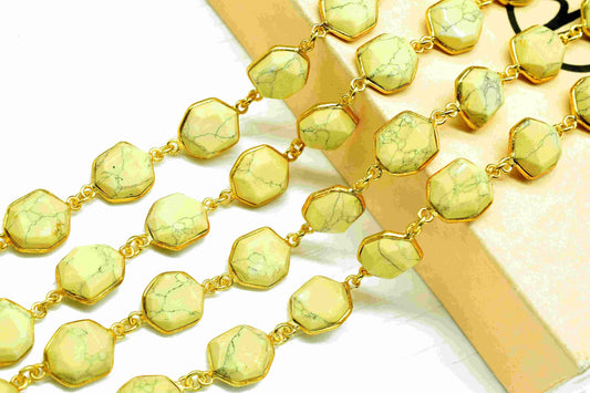 Yellow Howlite Gemstone 11x13mm Hexagon Shape Chain,Yellow Howlite Connector Chain,Handmade Station Connector,Yellow Gemstone Hexagon Beads