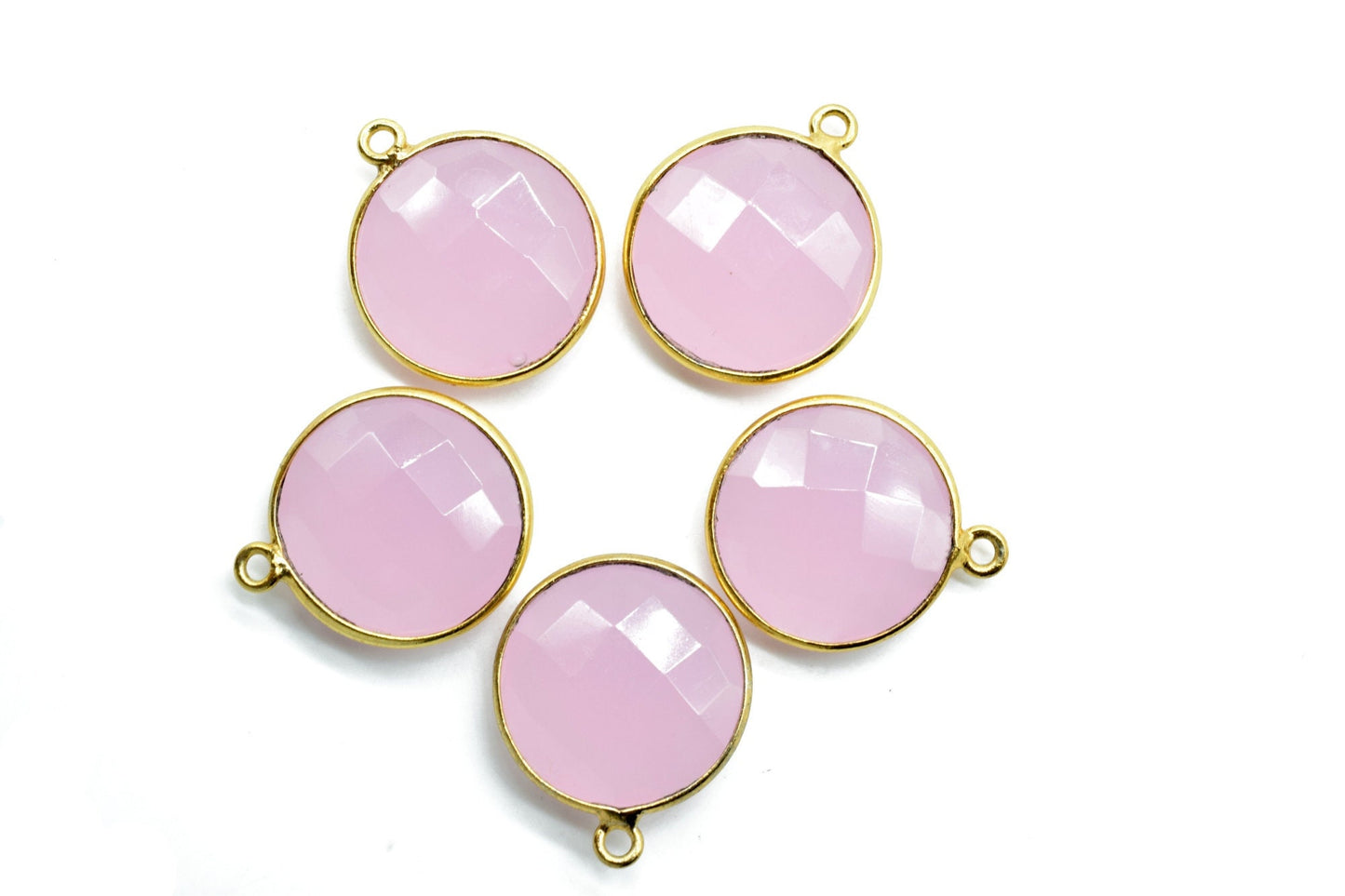Rose Quartz 16mm Round Bezel charm,Brass Gold Plated bezel,Pink chalcedony Pendantchalcedony handmade charm,Pink chalcedony coin shape charm