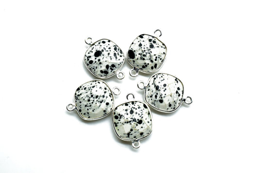 Dendrite Opal 14mm Cushion double loop connectors,Dendrite Opal Bezel Findings Cushion Charm,Dendrite Opal Cushion Shape silver Plated charm