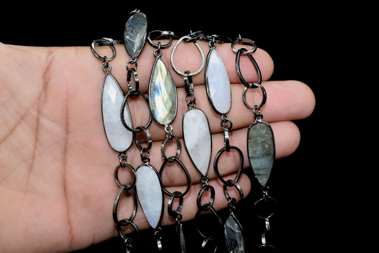 Blue Flashy Labradorite & Moonstone 10x30mm long briolette connector link Chain Natural Labradorite Bezel Chain,Labradorite Chain,Labradorit