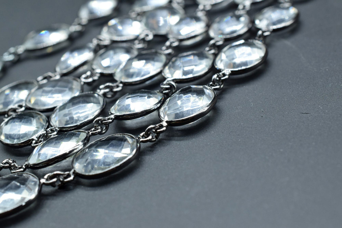 Crystal Bezel link Chain I Handmade Bezel Link Chain,Clear Quartz black rhodium Bezel Chain IBrass Chain,Gemstone Connector Chain Per Foot