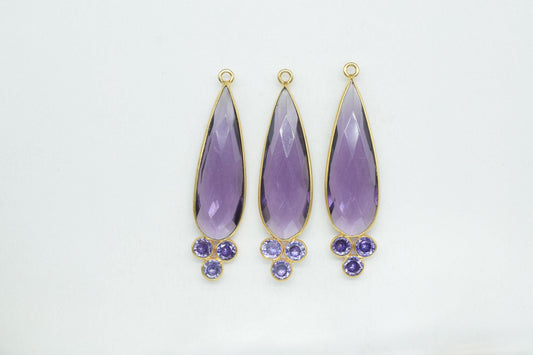 Amethyst Quartz 10x30mm Pear shape Bezel charms,Amethyst Quartz Pendant,Pruble Gemstone connector,Amethyst Jewelry,Cubic zirconia Bezel,P121