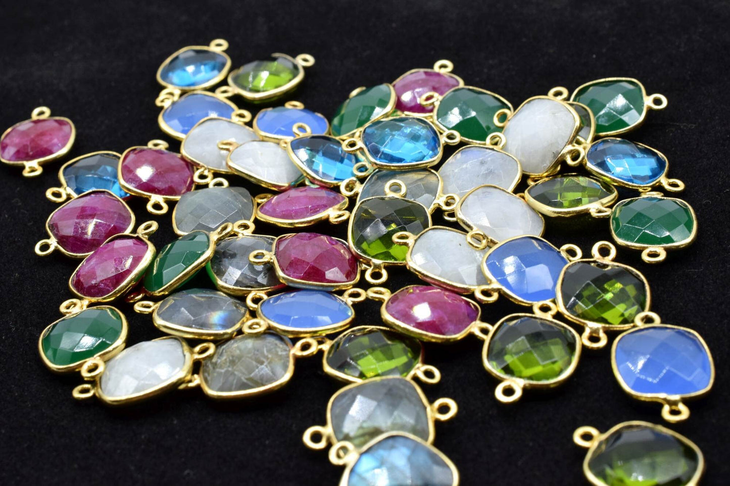 Blue Flash Labradorite 12mm cushion shape Double loop connectors,Brass Gold Plated bezels,Labradorite Pendants,Labradorite handmade bezels