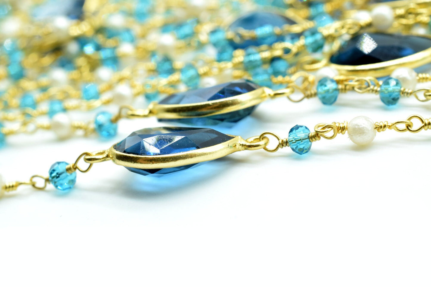 3mm Apatite Rosary,London Blue Topaz Bezel Link Chain,Pearl Beaded Rosary,Dual Gemstone Rosary Chain,Gold Plated Bezel Chain,Beaded Chain