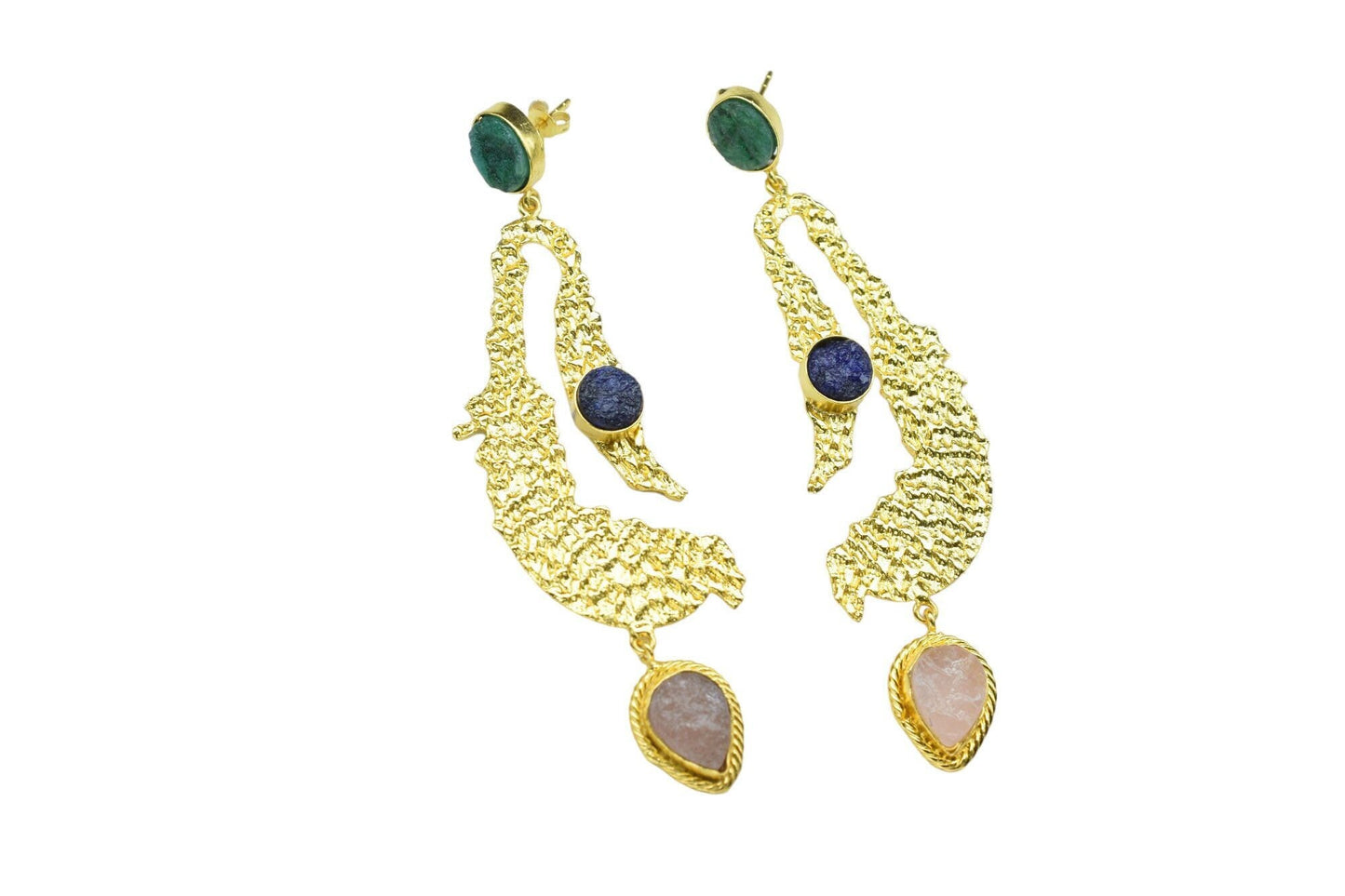 Emerald Roung Stone Earring/Handmade Earring/Bridal jewlry/Gold Plated Jewelry/Sapphire Roung Earring/Gold Plated Textured Earrings Jewelry