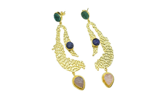 Emerald Roung Stone Earring/Handmade Earring/Bridal jewlry/Gold Plated Jewelry/Sapphire Roung Earring/Gold Plated Textured Earrings Jewelry