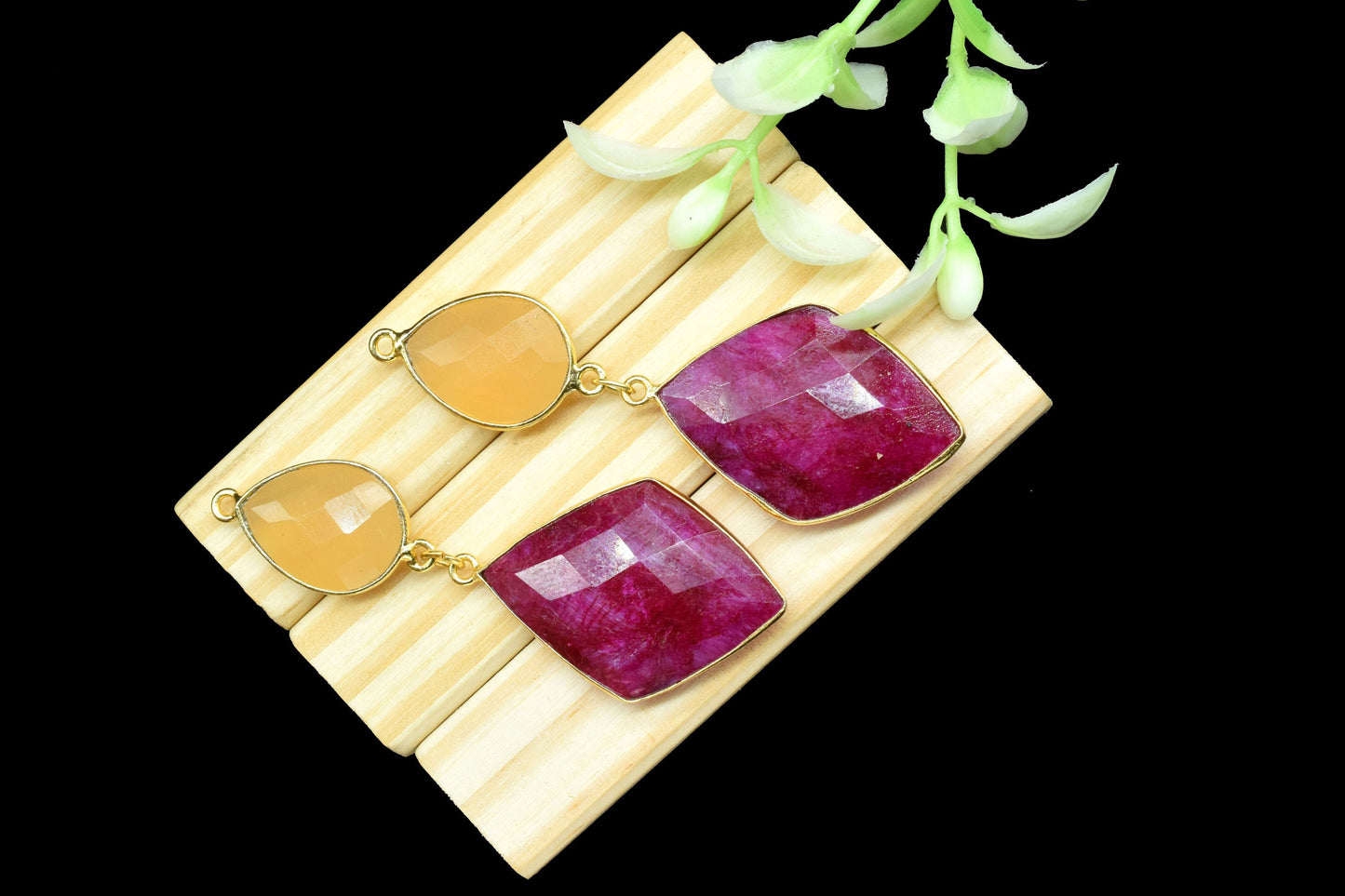 Natural Ruby Dangle pendant Charms,Yellow chalcedony Connector,Handmade jewelry,Component pendant,Station Link,Multi Gemstone Dangle Earring