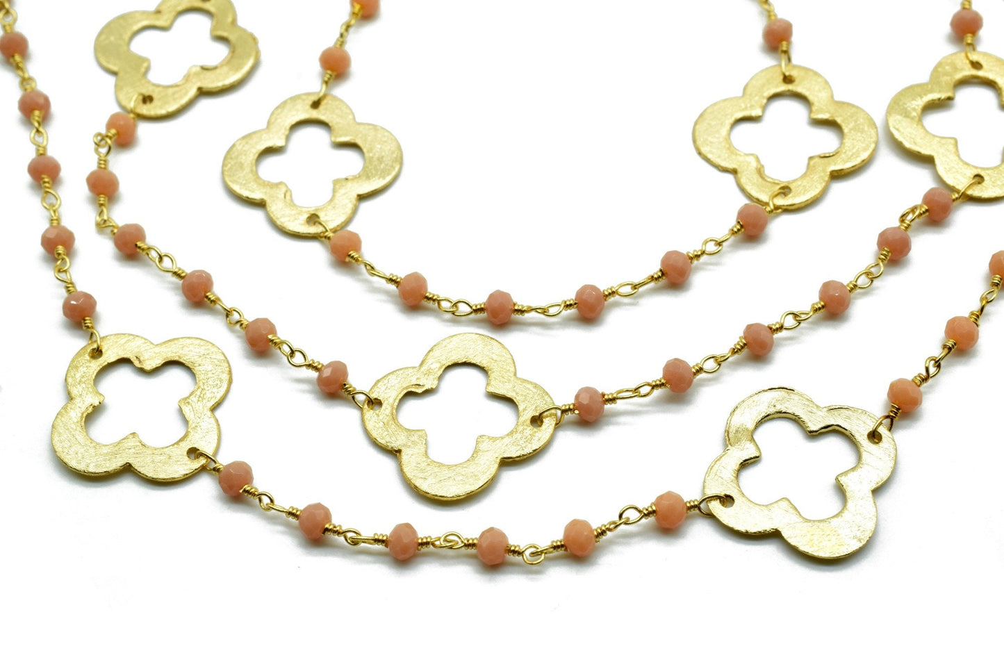 Peach Agate 3mm Beaded Chain,Peach Agate Rosary Chains,Peach Agate Gold Plating Wire Wrap Chain,Brass chain,charm rosary,clover rosary chain