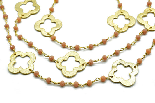 Peach Agate 3mm Beaded Chain,Peach Agate Rosary Chains,Peach Agate Gold Plating Wire Wrap Chain,Brass chain,charm rosary,clover rosary chain