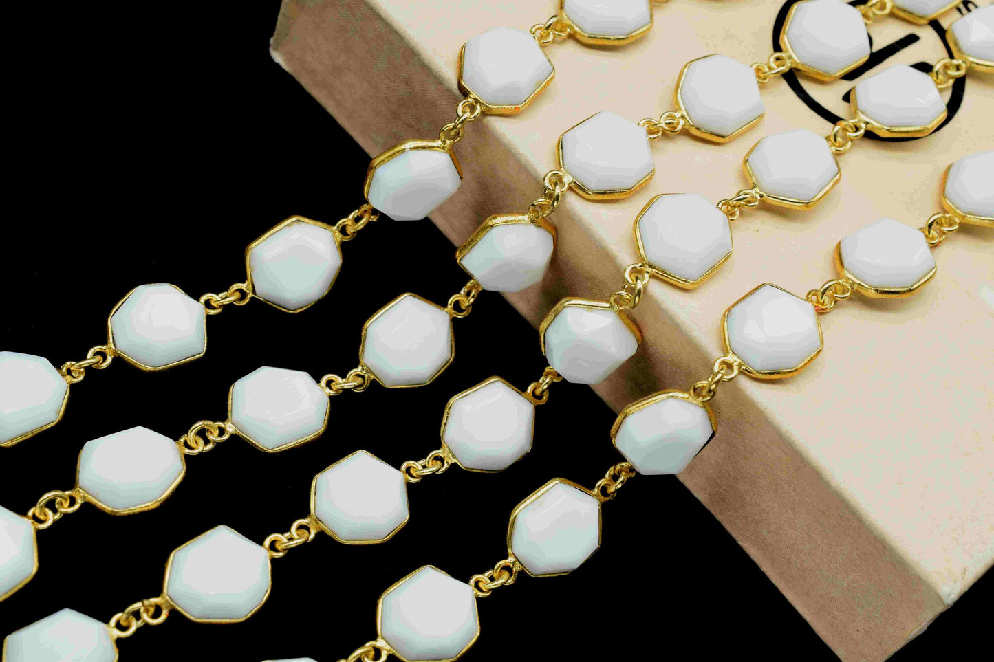 White Agate One Side Faceted 11x13mm Hexagon Shape Bezel Chain,White Agate Chain Jewelry,White Agate Gemstone Gold Plating Bezels Link Chain