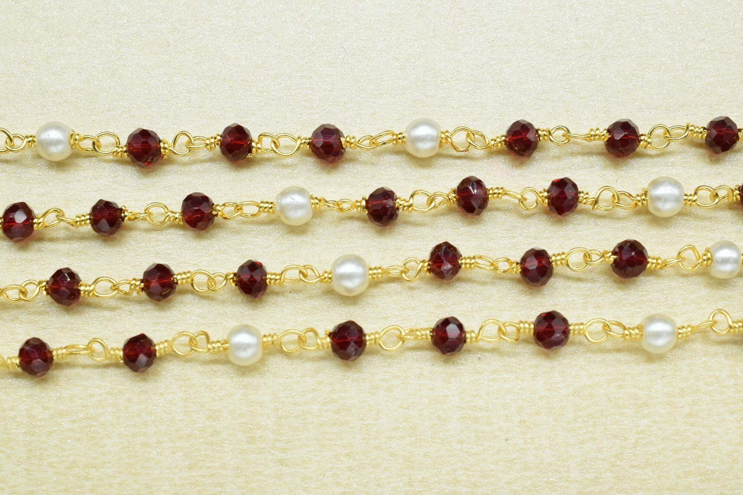 Garnet Hydro Faceted Rondelle Beaded Rosary Chain,Jewelery Making Craft,Finding Chain,Pearl Wire Wrap Rosary Chain,Gold Plated Rosary Chain